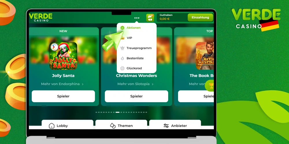 Gehen Sie zum Abschnitt Boni und Aktionen des Verde Casinos