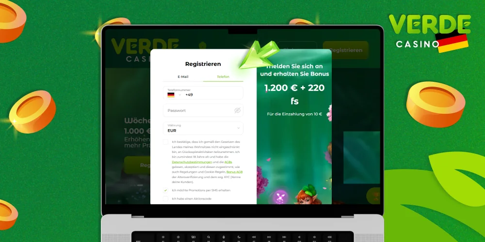 Melden Sie sich beim Verde Casino an oder registrieren Sie sich.
